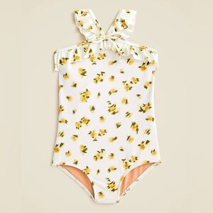 Crewcuts Girls Floral Halter Neck Ruffle One Piece Swimsuit, 6, White/ Yellow